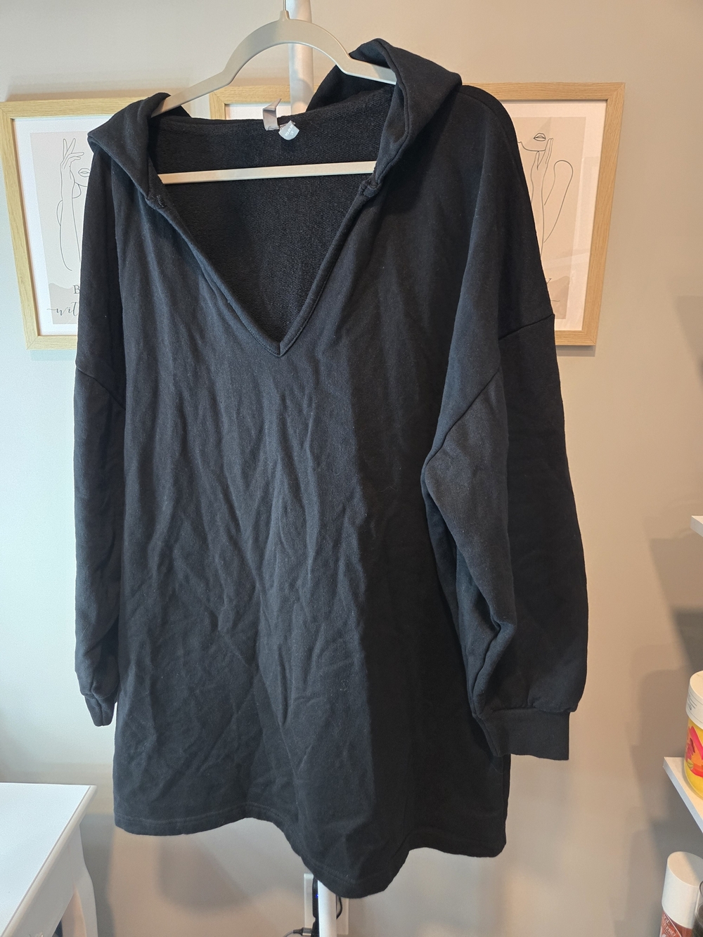 Asos Oversized Women's Black Hooded V-Neck Pullover Hoodie Or Sweater Dress